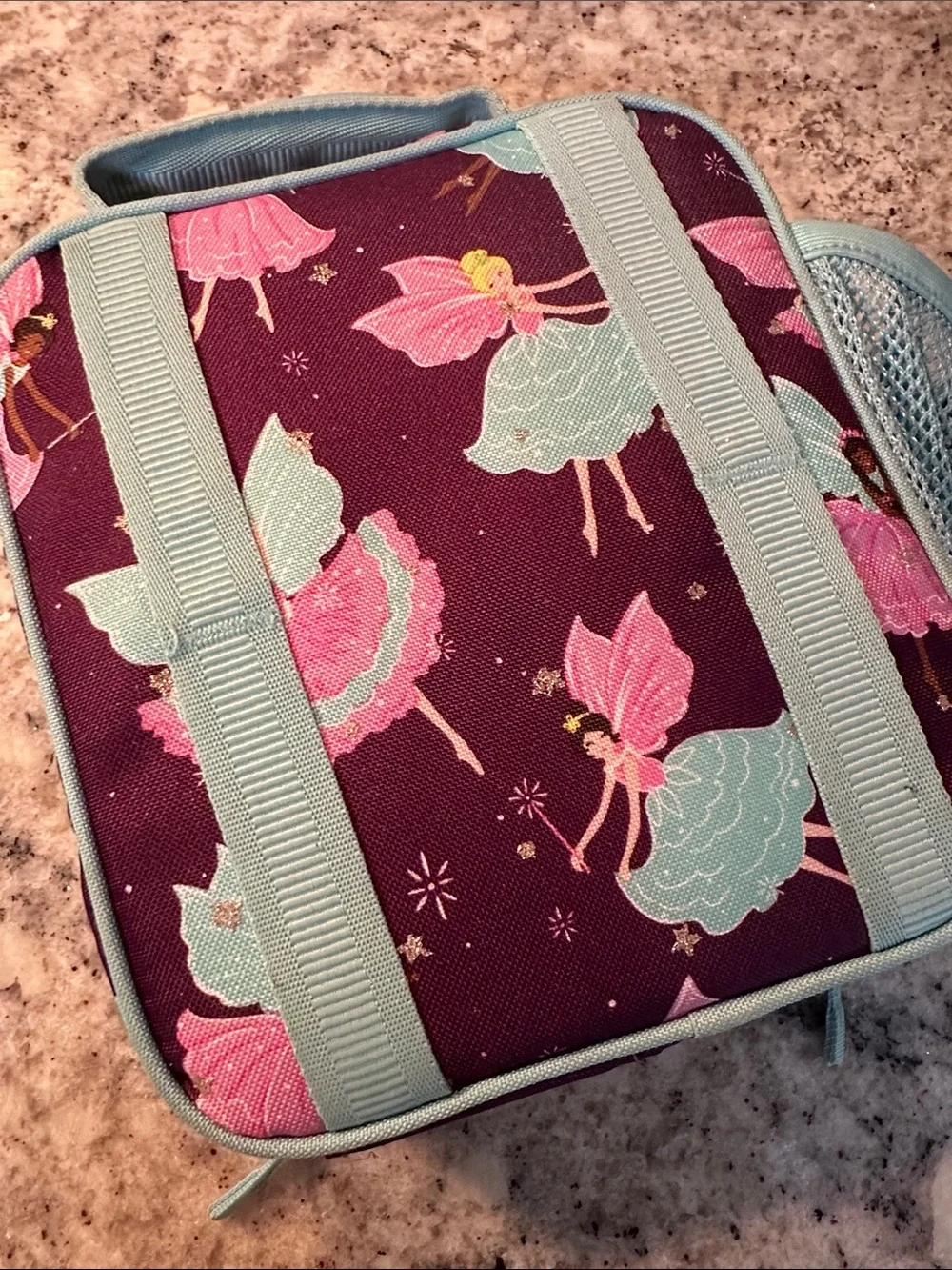 Pottery Barn Fairy Print Lunch Bag - Purple with Aqua Trim